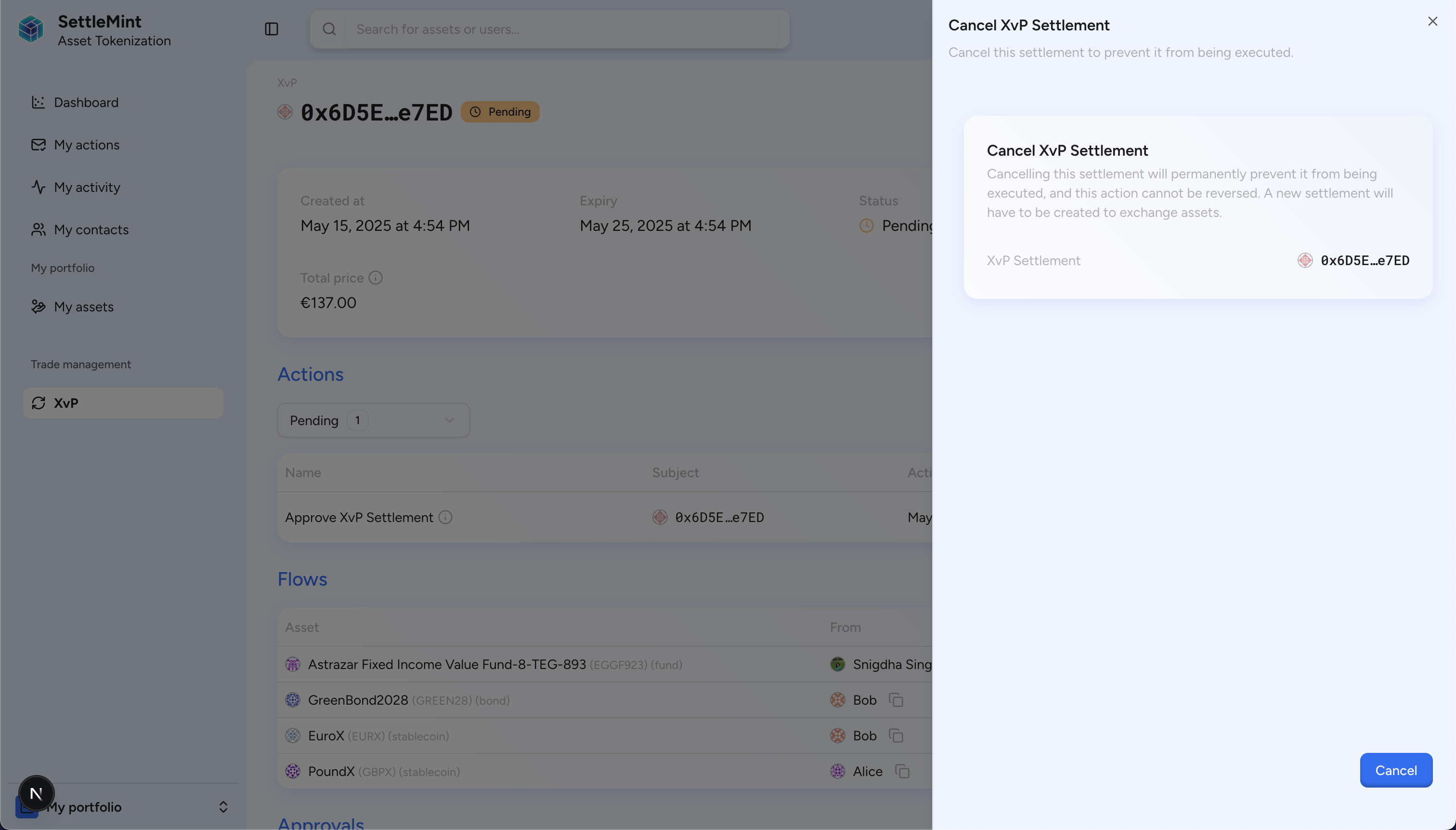 XvP Settlement cancel