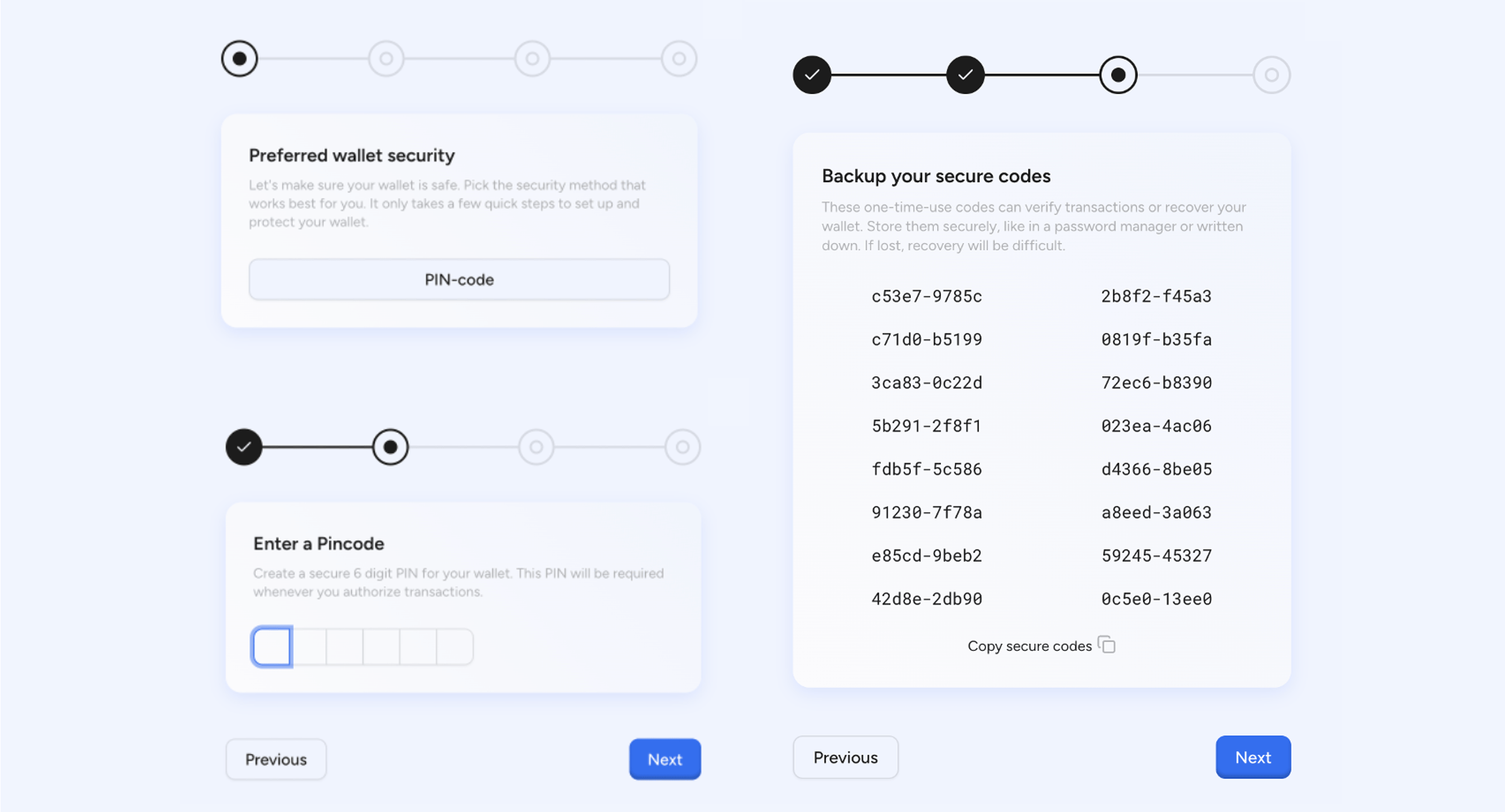 Secure wallet setup with recovery codes