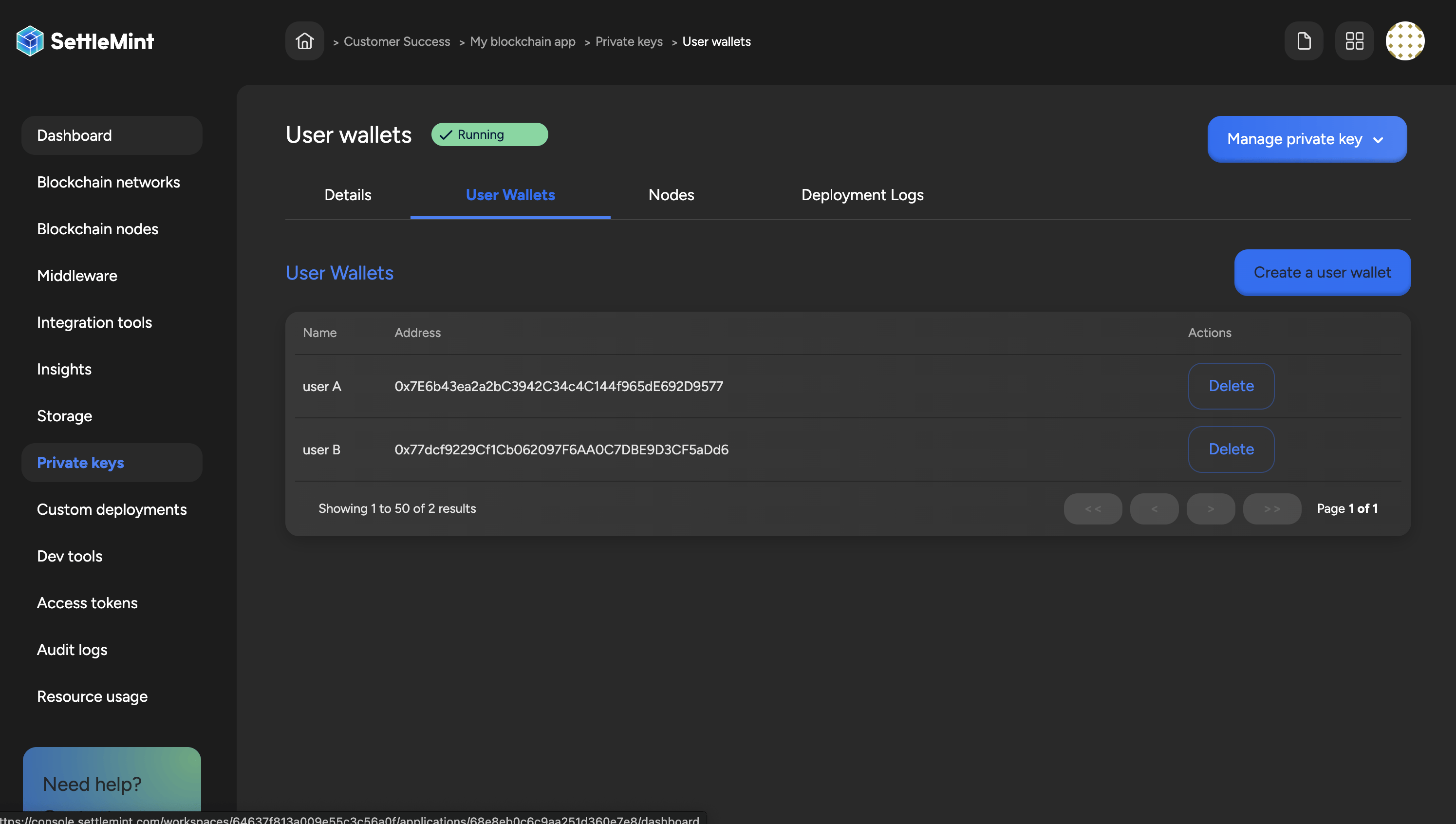 User wallets list showing new wallet